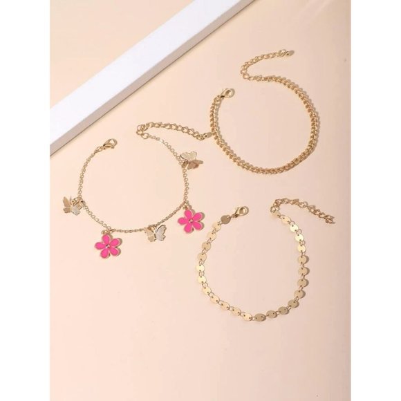 Butterfly & Flower Charm Anklet Gold And Pink - Picture 2 of 3